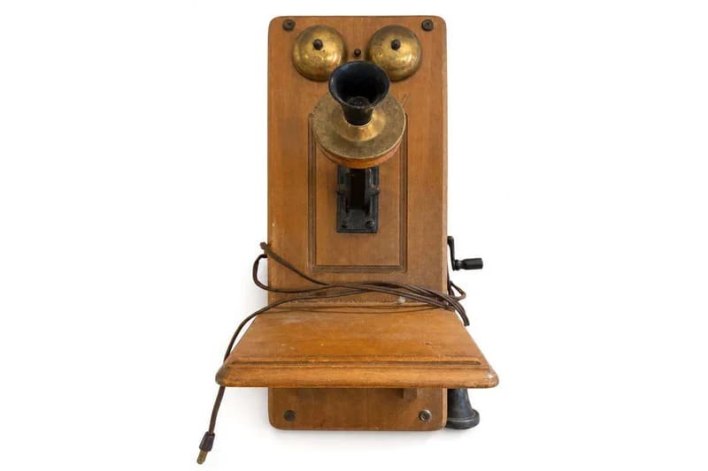 Antique Wooden Wall-Mounted Crank Telephone with Brass Bells