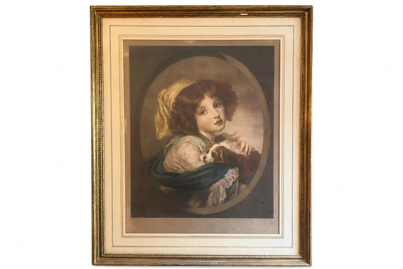 Vintage framed girl with dog portrait print in ornate gilt frame