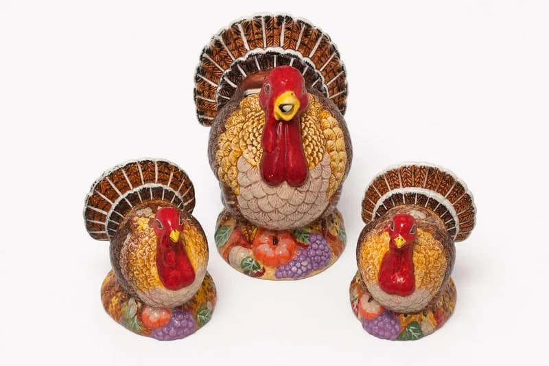 Hand-painted ceramic turkey figurines with fruit base, set of 3
