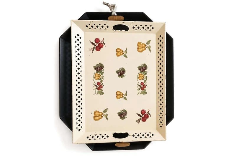 Vintage hand-painted fruit motif metal tole serving tray with lattice edge