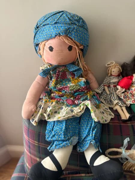 Holly Hobbie cloth rag doll with blue patchwork bonnet and dress