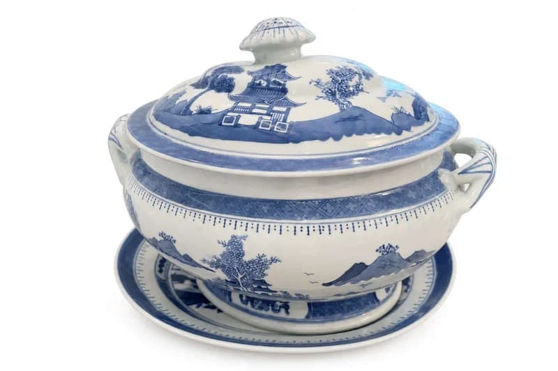 Blue and White Transferware Covered Sauce Tureen with Underplate