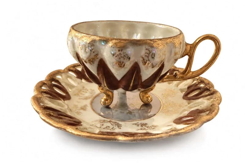 Vintage footed porcelain demitasse cup and saucer with gold and brown enamel decoration