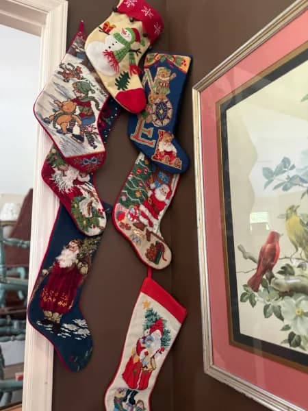 Handmade Needlepoint Christmas Stocking Set with Assorted Santa, Reindeer, and Holiday Scenes