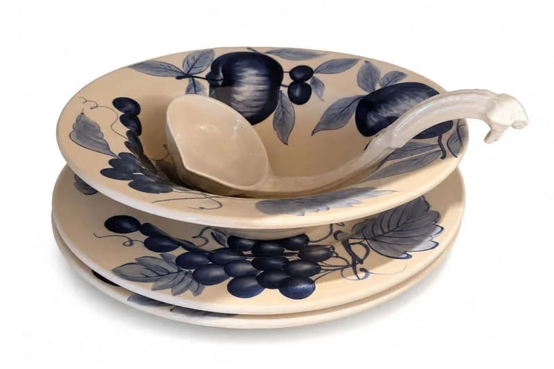 Blue Grapevine Ceramic Soup Tureen with Ladle and Underplate