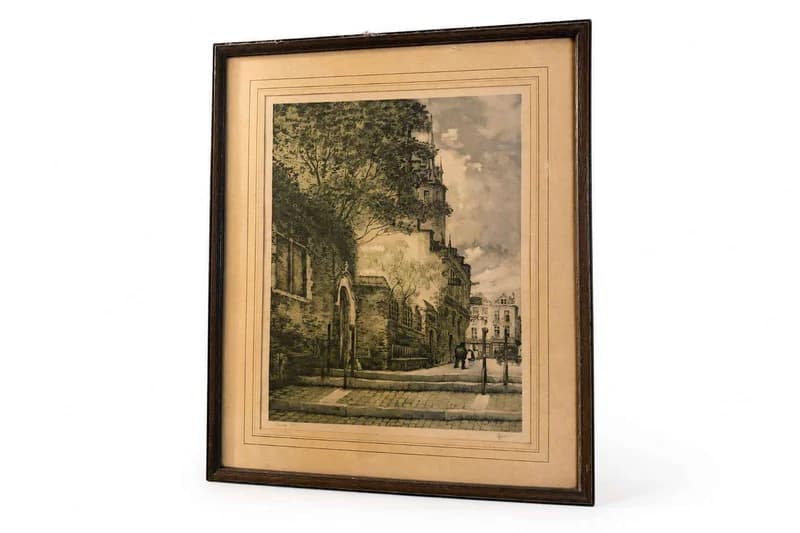 Framed color etching or print of a European street scene