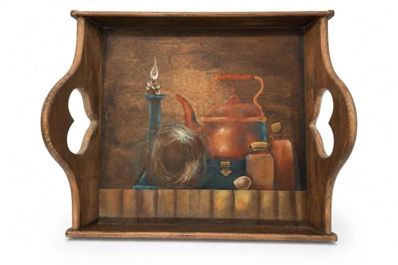 Hand-Painted Folk Art Wooden Serving Tray with Handles and Still-Life Painting