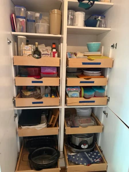 Wood pull-out cabinet organizer drawer lot, 8 installed slide-out shelves