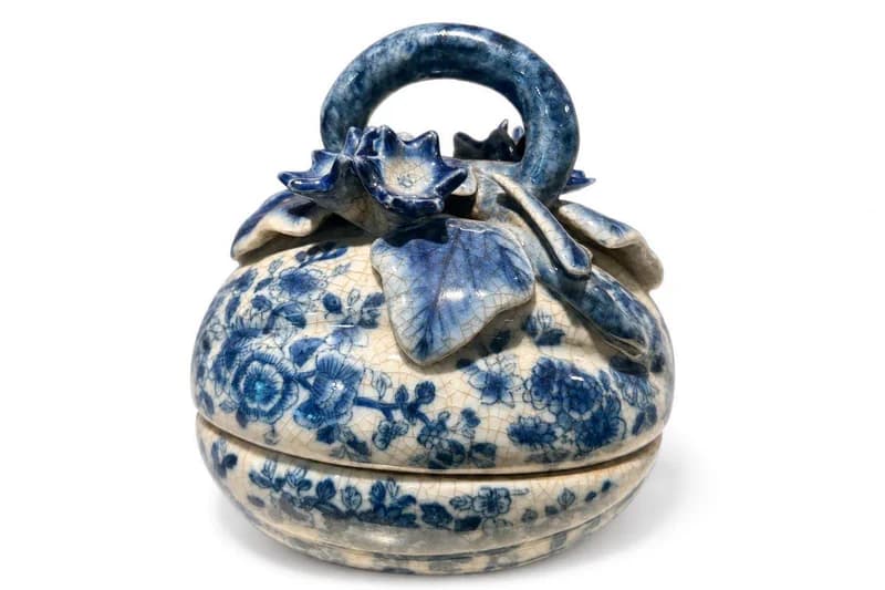 Blue and White Ceramic Lidded Basket-Style Trinket Box with Handle