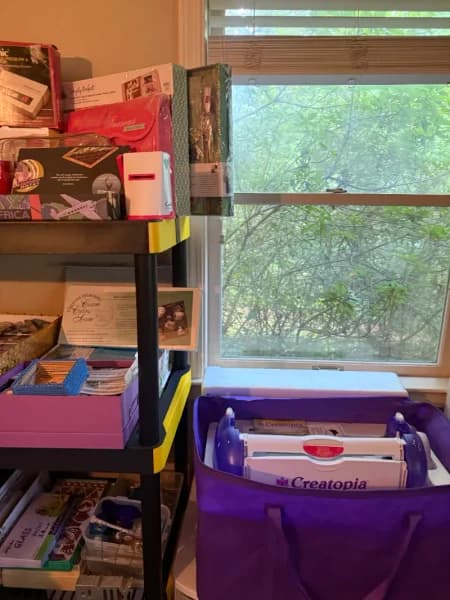 Creatopia scrapbooking craft supply lot in purple storage tote